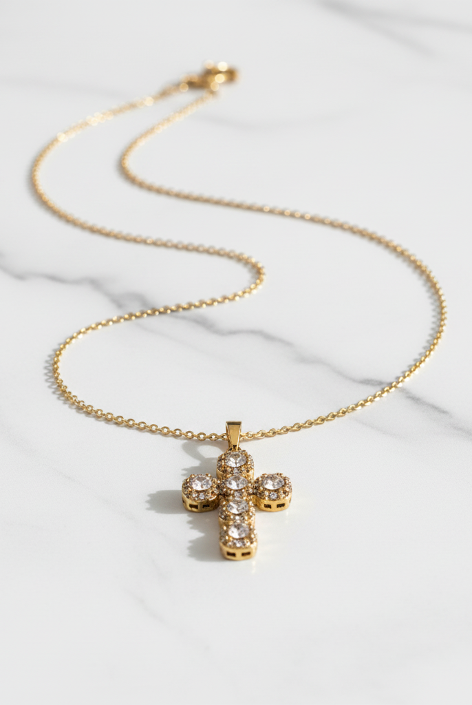 Luminous Cross ατσάλινο κολιέ με σταυρό ζιργκόν και στρας So Cute by Dimi