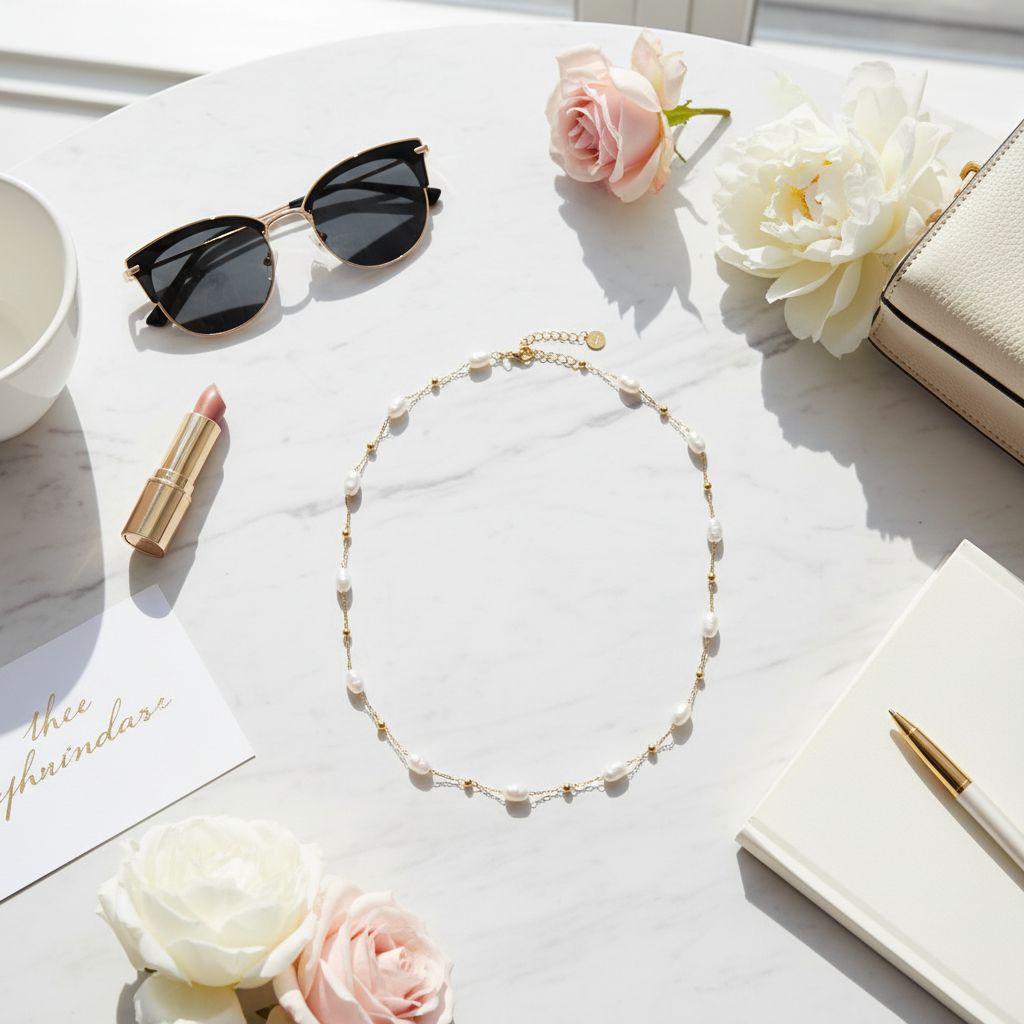 Necklace with sunglasses, lipstick, and flowers on a marble surface