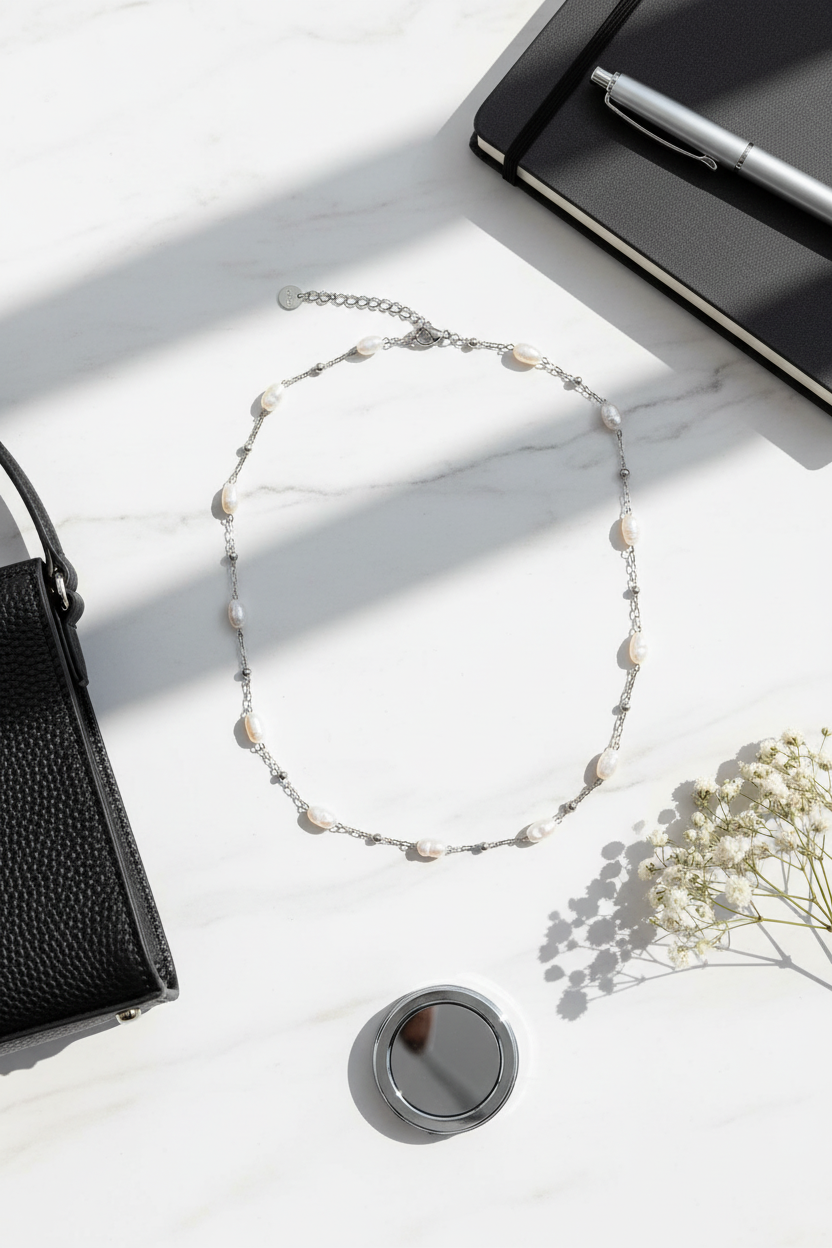Necklace on a white surface with a black handbag, notebook, pen, and small round mirror.