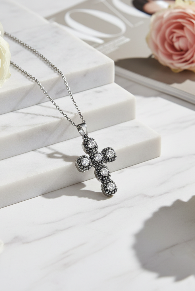 Luminous Cross ατσάλινο κολιέ με σταυρό ζιργκόν και στρας So Cute by Dimi