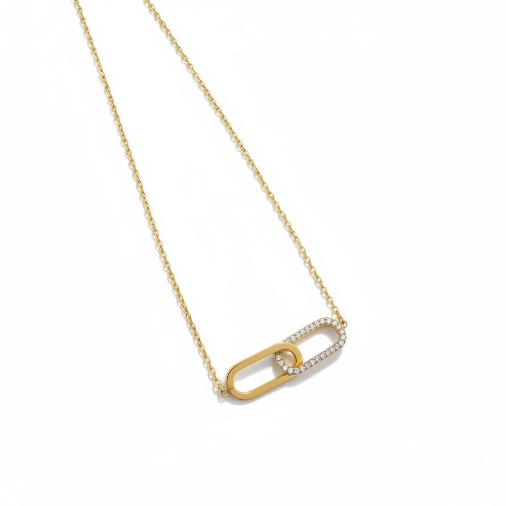 Linked Spark Necklace ατσάλινο κολιέ με δύο οβάλ κρίκους, ο ένας με ζιργκόν, σε χρυσό So Cute by Dimi