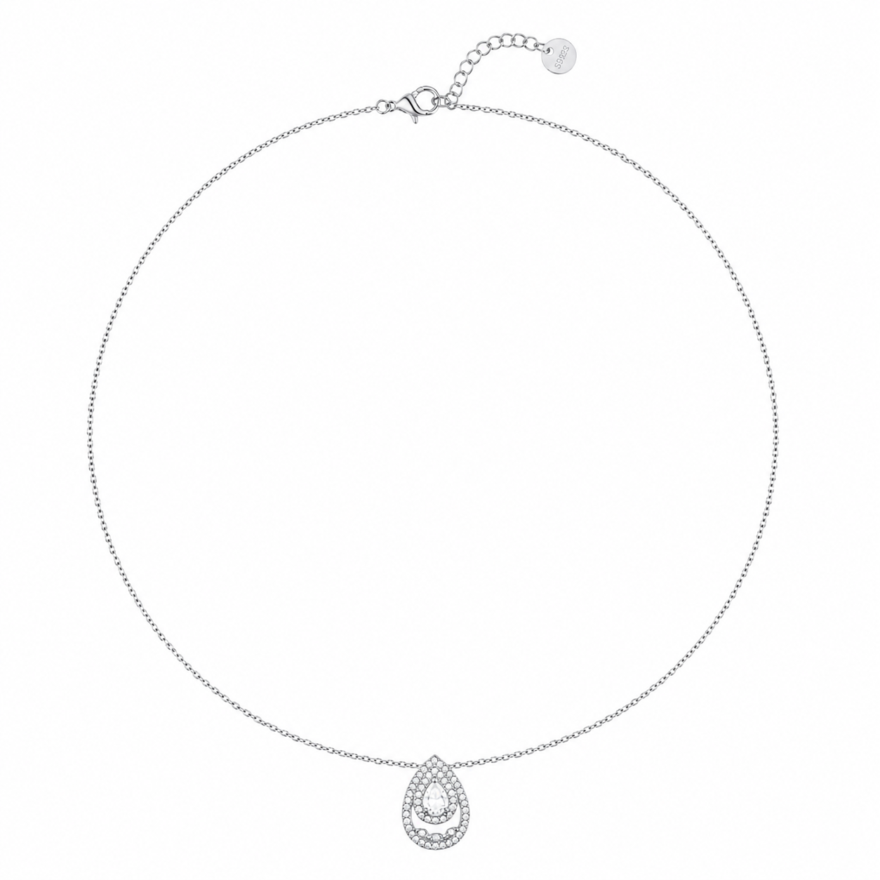 ÉLORÉA Drop Necklace ατσάλινο κολιέ με pear-cut ζιργκόν και pavé λεπτομέρειες σε ασημί χρώμα με elegant luxury αισθητική, σε λευκό φόντο