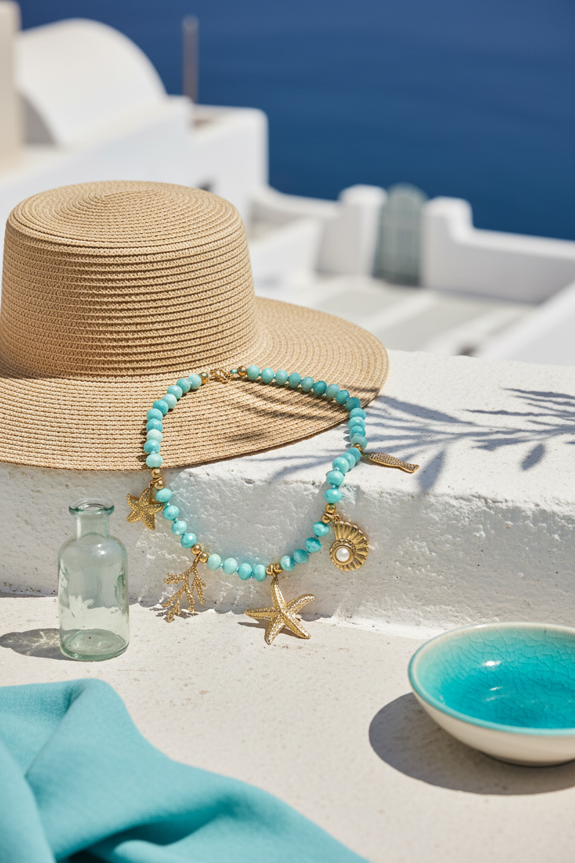 Mermaid's Secret ατσάλινο κολιέ με τυρκουάζ χάντρες και χρυσά θαλασσινά charms αστερία κοχύλι ψάρι και κοράλλι κωδικός 1-500-3495 σε κυκλαδίτικο σκηνικό