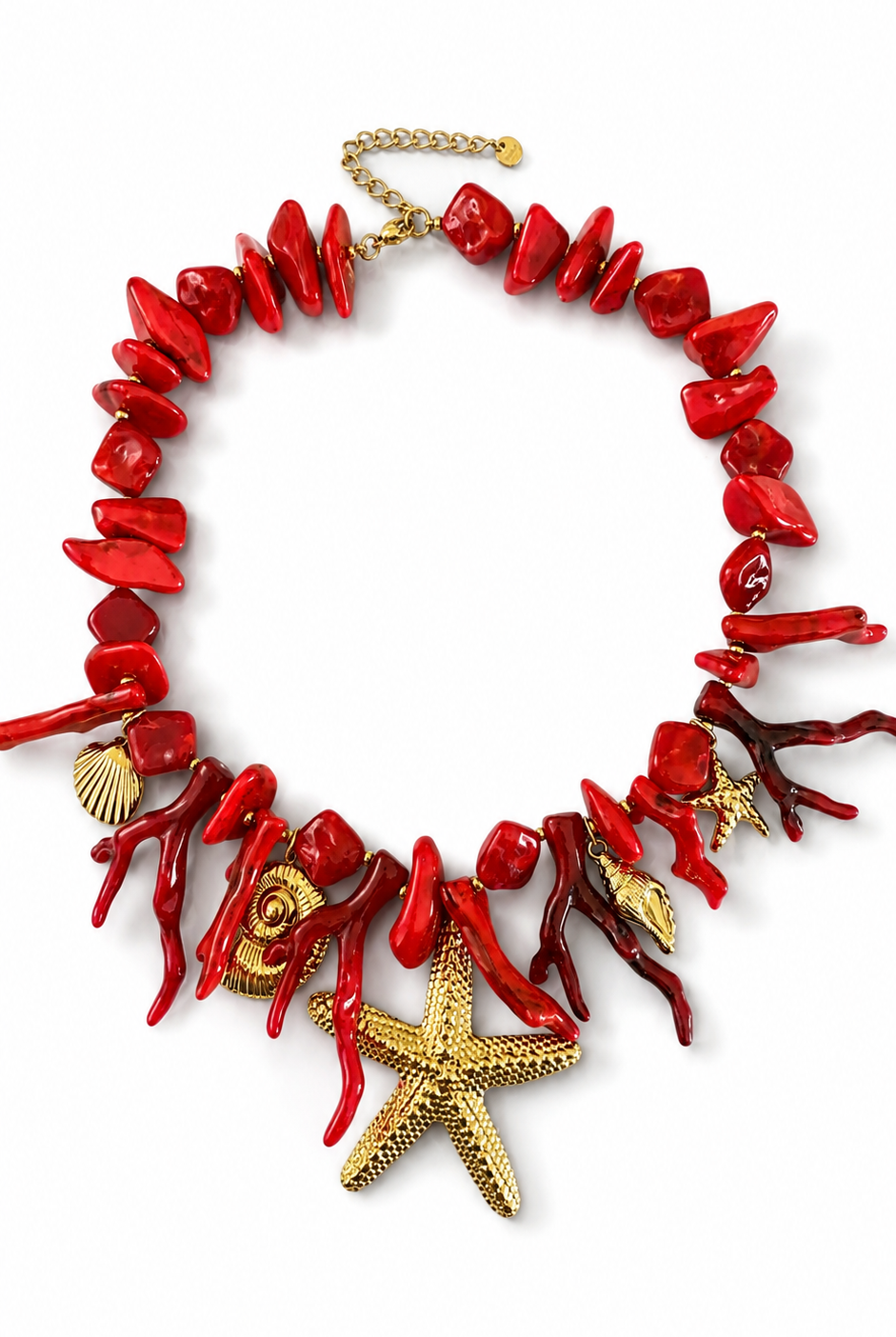 Ατσάλινο κολιέ Coral Starfish Necklace με κοραλλί χάντρες και μεγάλο χρυσό αστερία από το So Cute by Dimi