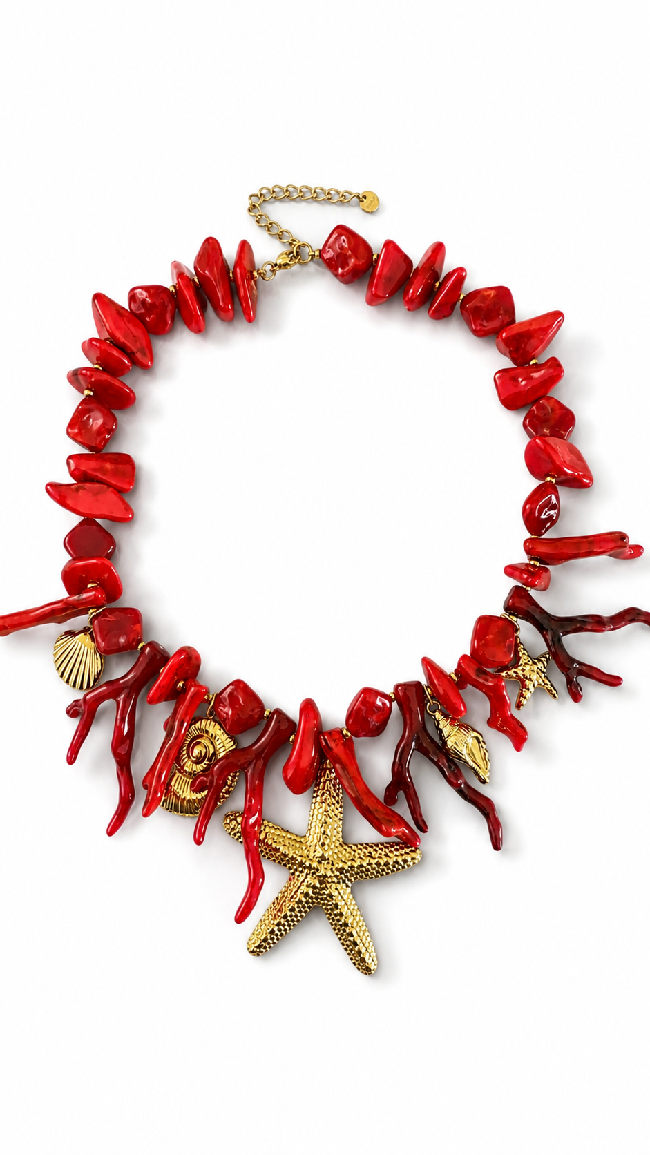 Ατσάλινο κολιέ Coral Starfish Necklace με κοραλλί χάντρες και μεγάλο χρυσό αστερία από το So Cute by Dimi
