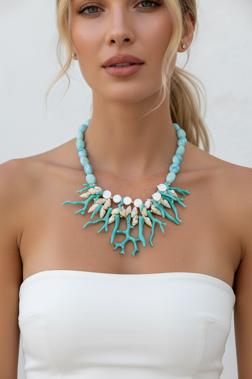 Shell & Coral Necklace, δίσειρο καλοκαιρινό κολιέ So Cute By Dimi με mother of pearl χάντρες, κοχύλια, κοράλλια και ατσάλινα μεταλλικά μέρη, φορεμένο σε μοντέλο