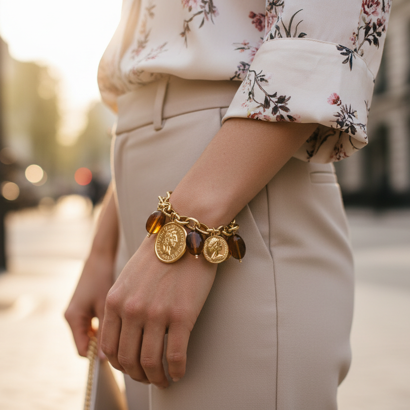 Honey Coin Bracelet ατσάλινο βραχιόλι με κρεμαστές λίρες και χάντρες ταρταρούγα σε χρυσό τόνο So Cute by Dimi