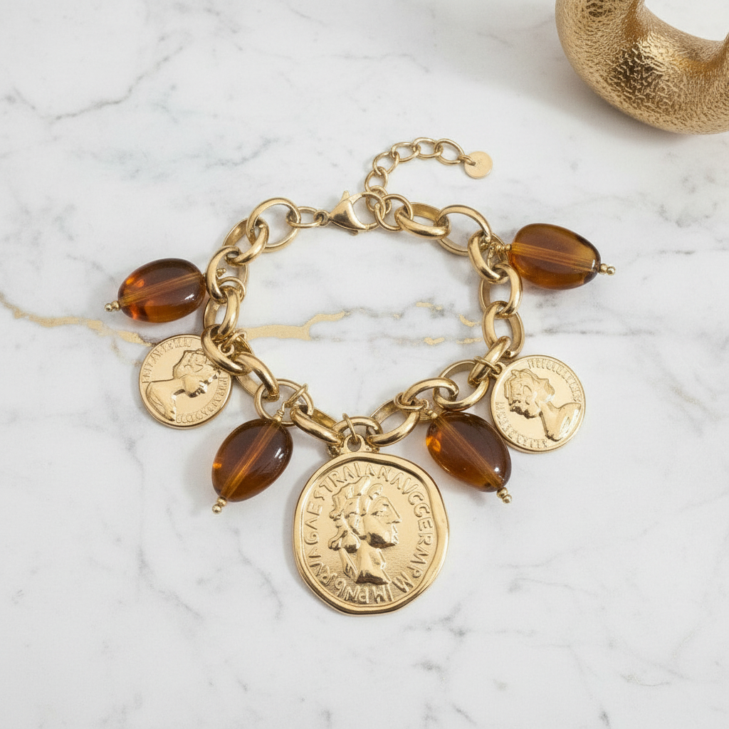 Honey Coin Bracelet ατσάλινο βραχιόλι με κρεμαστές λίρες και χάντρες ταρταρούγα σε χρυσό τόνο So Cute by Dimi