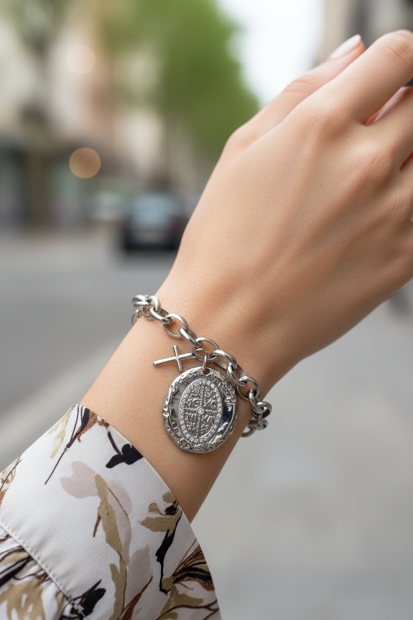Sacred Coin Bracelet ατσάλινο βραχιόλι με κρεμαστό σταυρό και σφυρήλατο μοτίφ με ζιργκόν