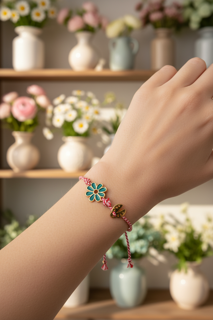 Bracelet with a floral design worn on a wrist, with a blurred background of flowers and vases.