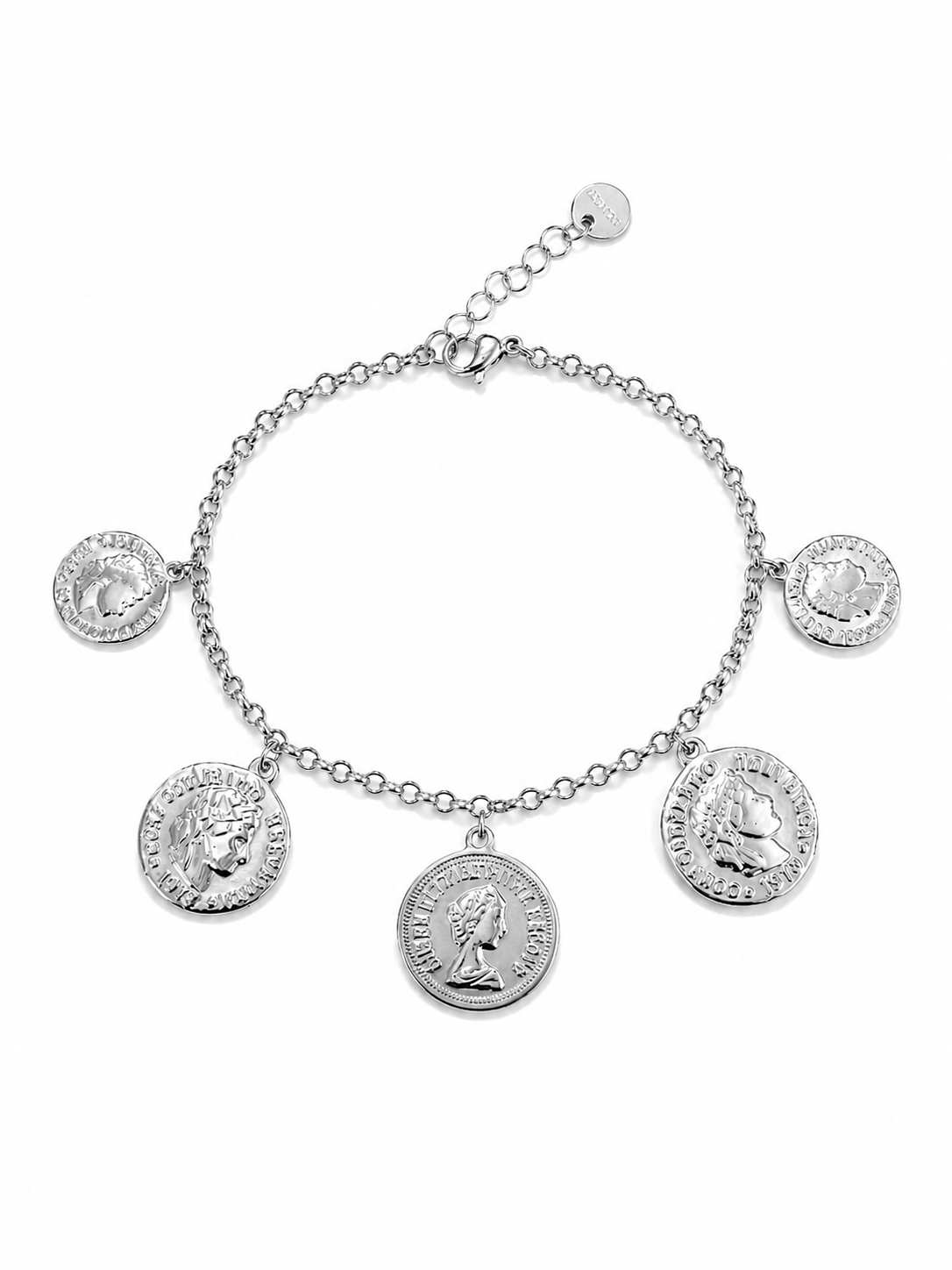 ατσάλινο ασημί βραχιόλι με coins charms, σε λευκό φόντο, so cute by dimi