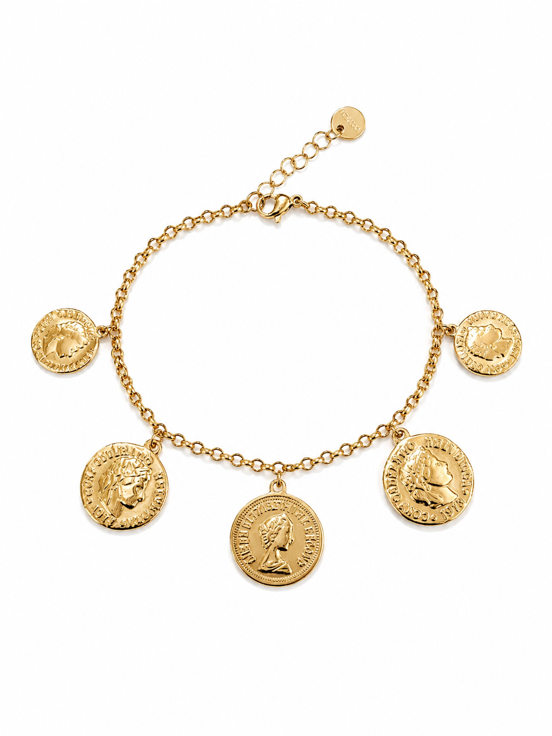 ατσάλινο χρυσό βραχιόλι με coins charms, σε λευκό φόντο, so cute by dimi