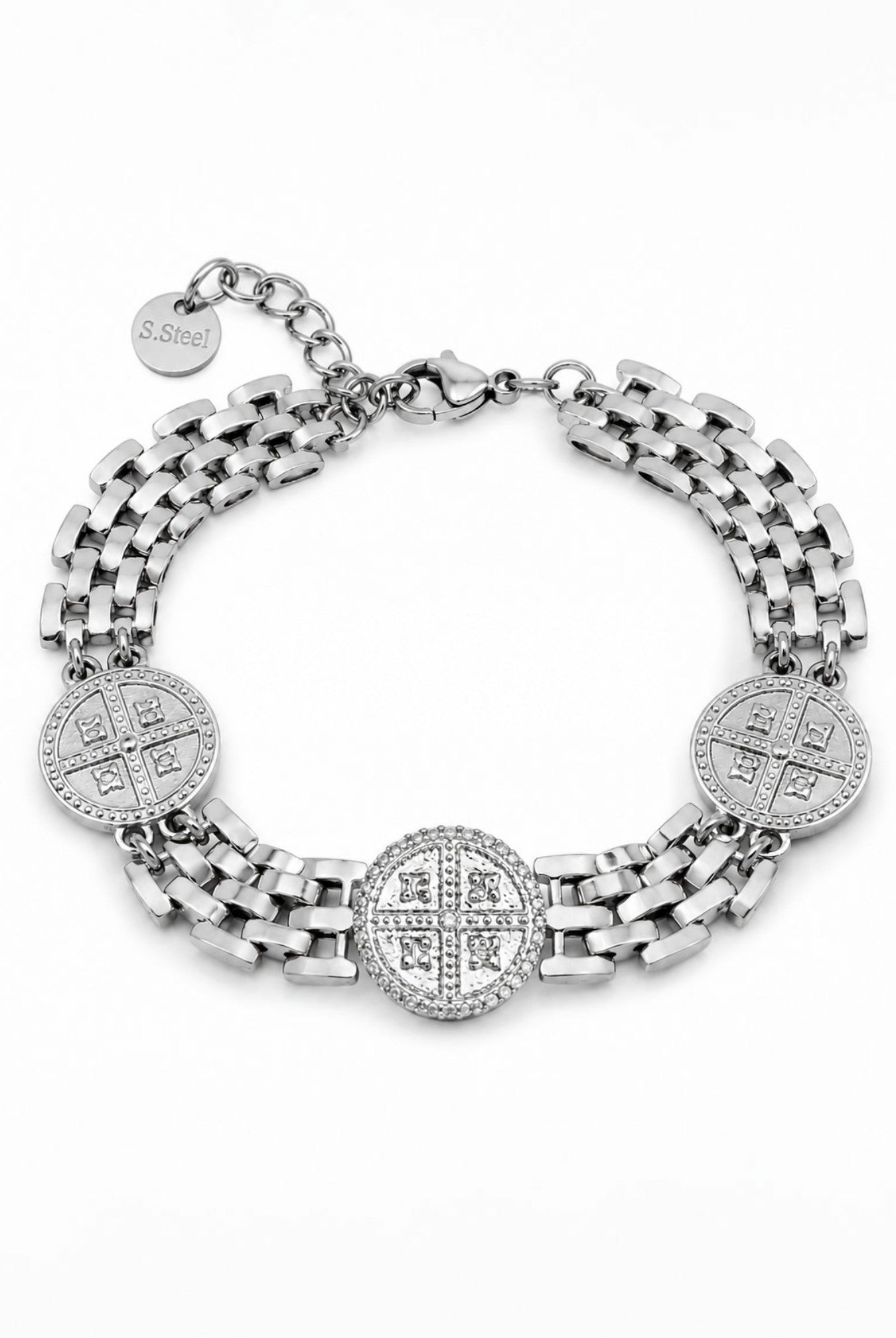Ατσάλινο βραχιόλι Constantine Luxe σε χρυσό και ασημί χρώμα με τρία Κωνσταντινάτα και λαμπερά ζιργκόν από τη So Cute by Dimi.