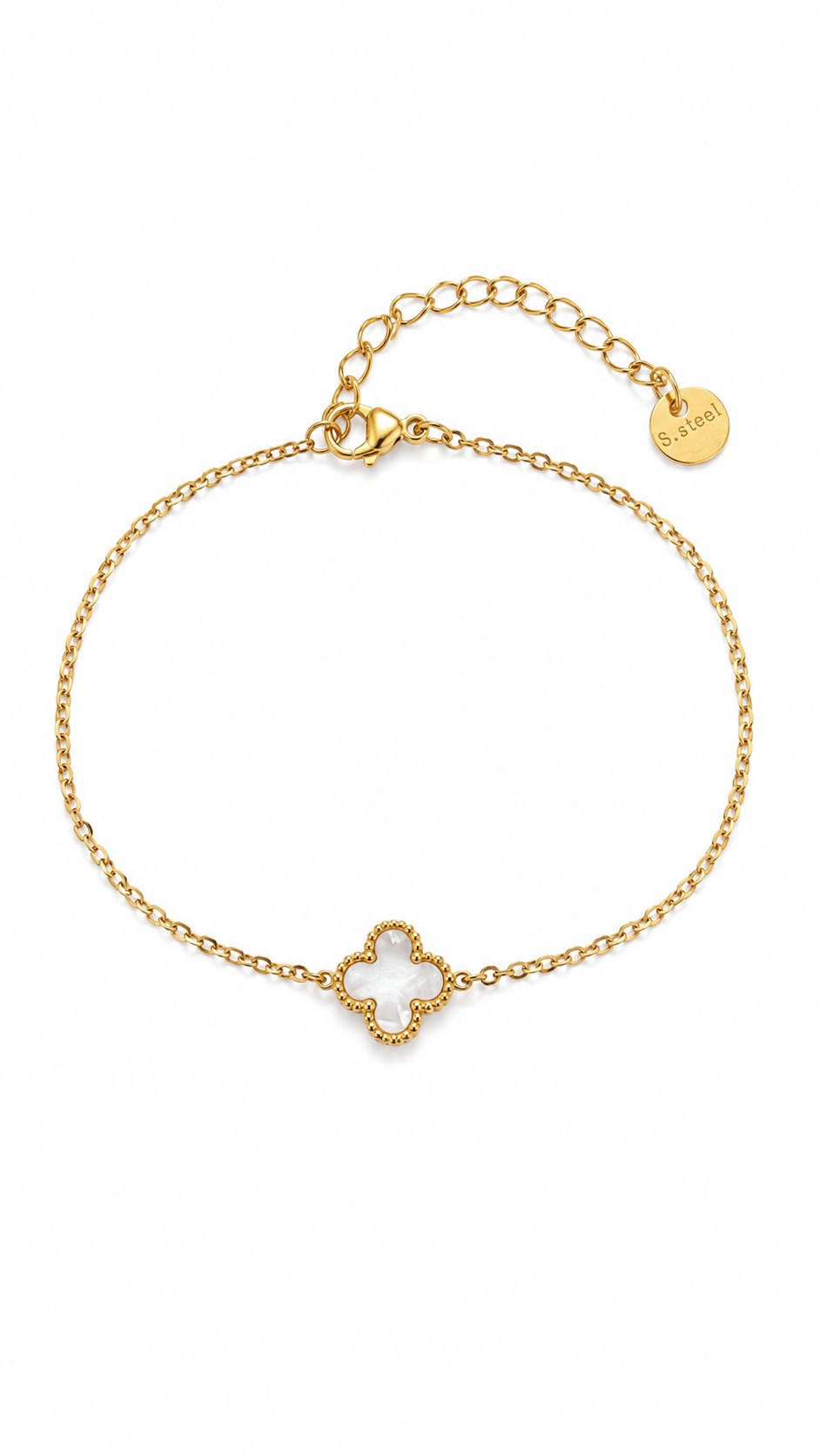 Βραχιόλι Clover Chic με μονό τετράφυλλο μοτίφ 11mm από ανοξείδωτο ατσάλι σε χρυσό ή ασημί φινίρισμα.
