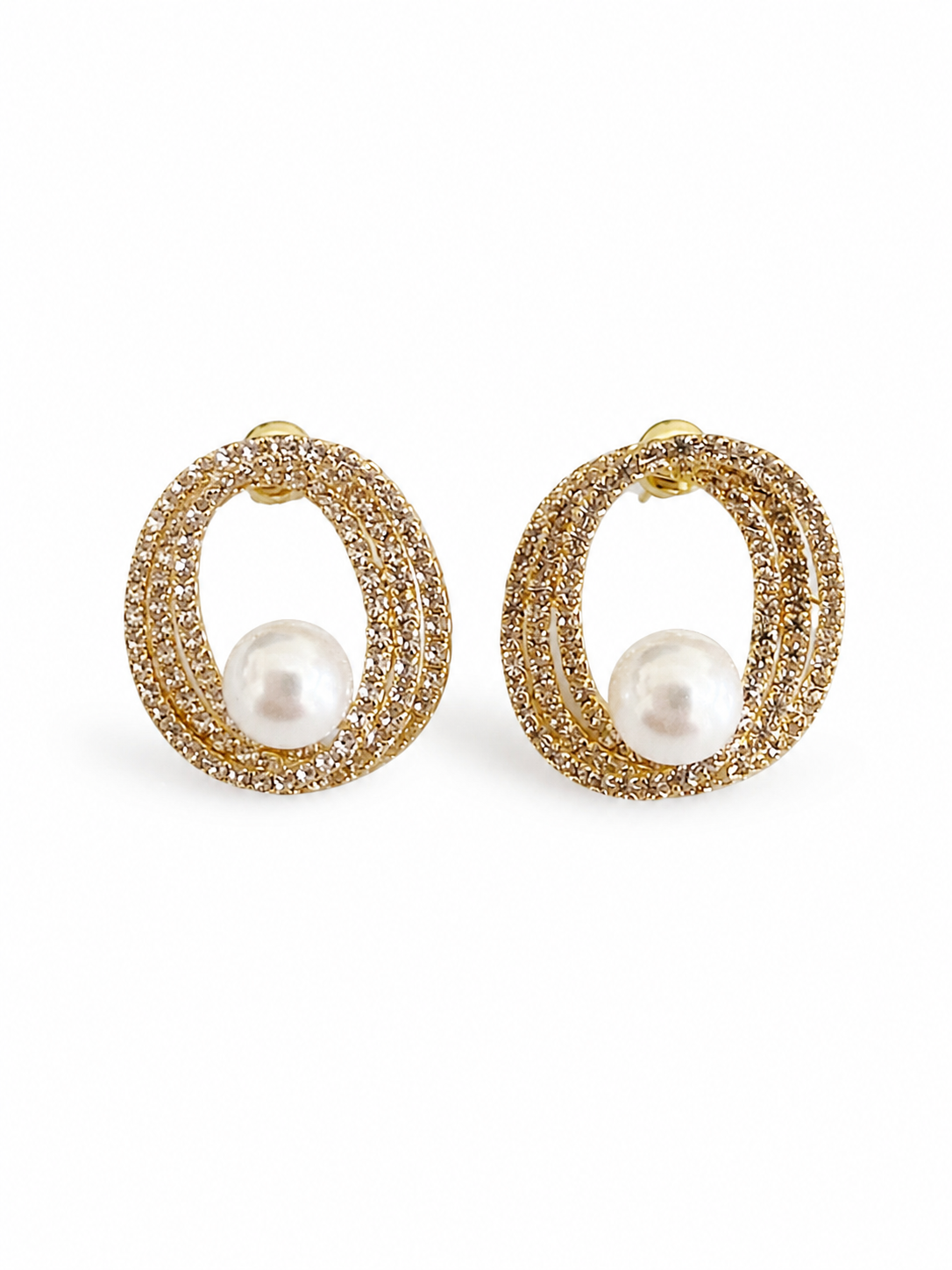 ELVORA Pearl Earrings ατσάλινα χρυσά σκουλαρίκια με πέρλα και λαμπερά στρας σε oval σχέδιο