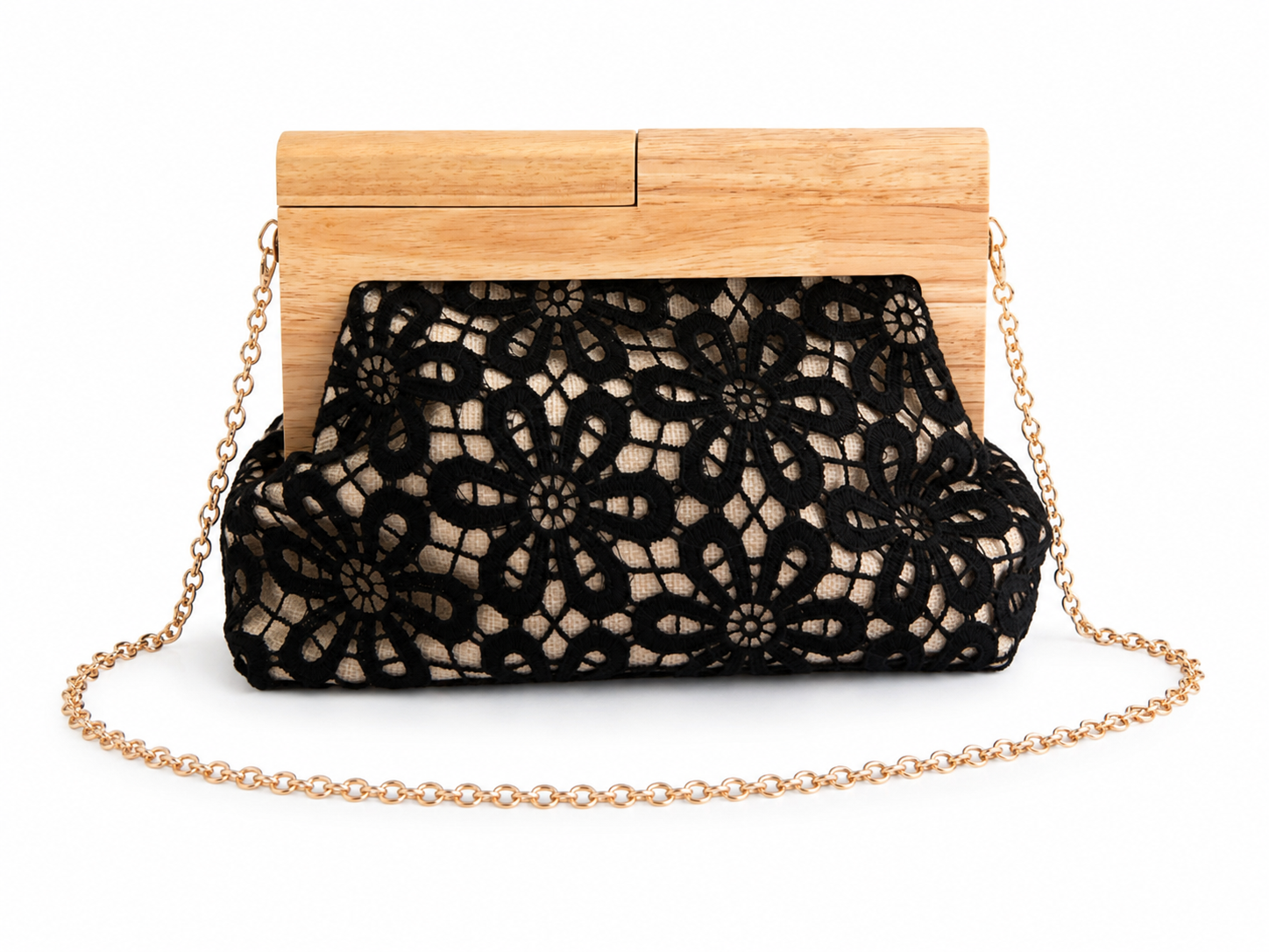 Black lace handbag with wooden top handle on a white background