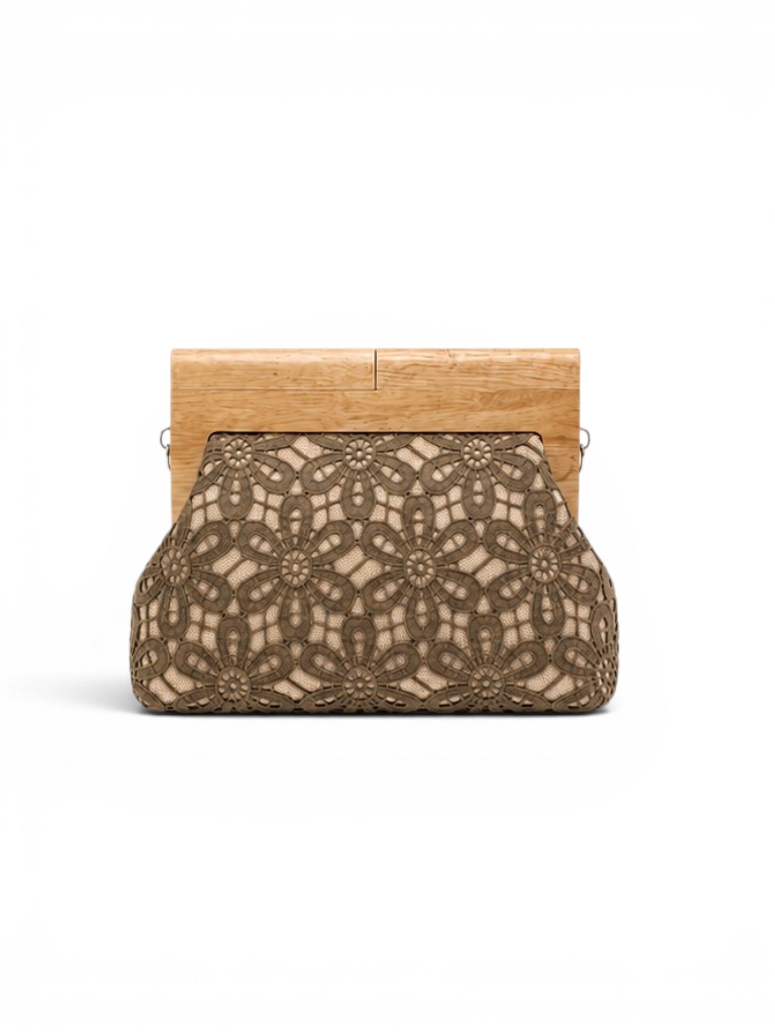 Clutch bag with lace detailing and wooden frame on a white background