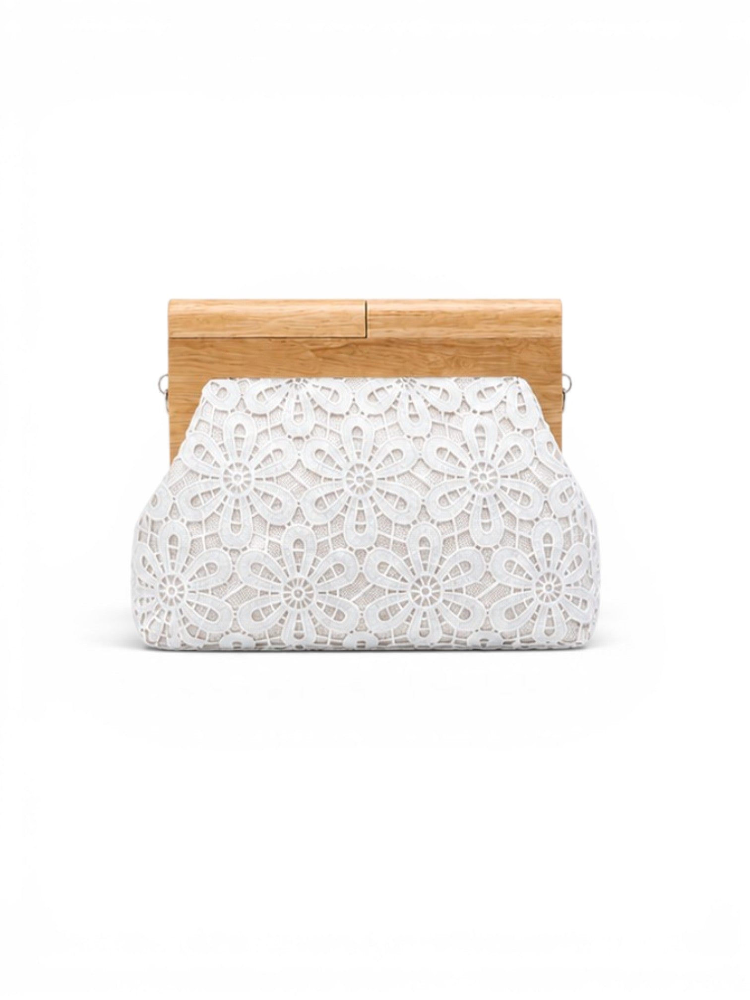 White lace clutch with wooden clasp on a white background