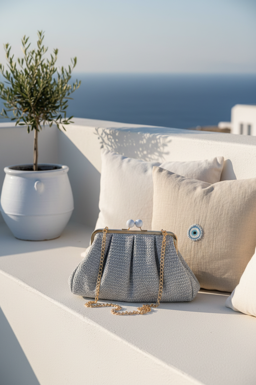 Ψάθινο clutch bag με χρυσό frame και αποσπώμενη αλυσίδα σε γαλάζια απόχρωση σε νησιώτικο σκηνικό – So Cute by Dimi