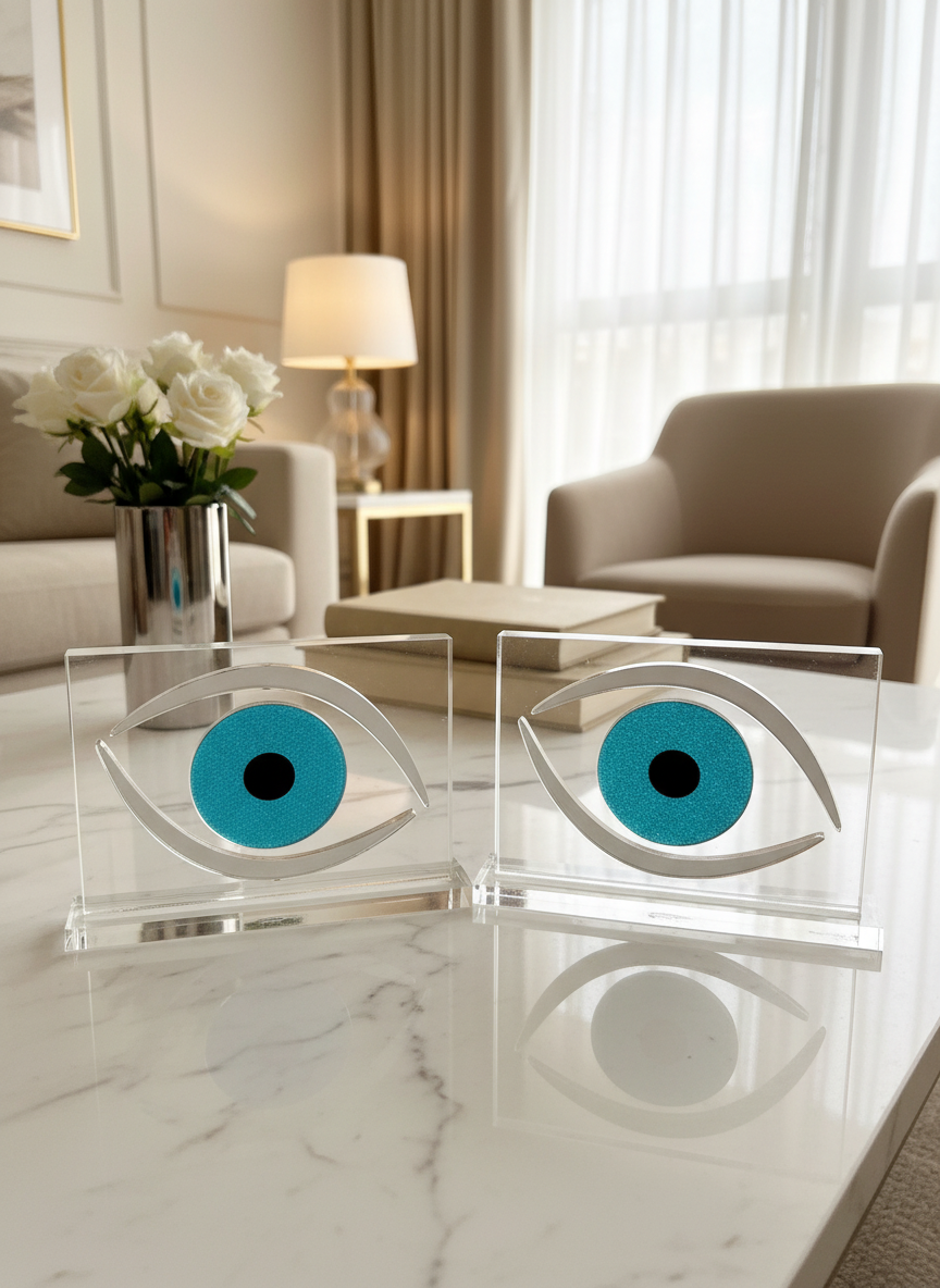 Επιτραπέζιο γούρι μάτι από διάφανο plexiglass με ασημί καθρέφτη και τυρκουάζ– So Cute by Dimi