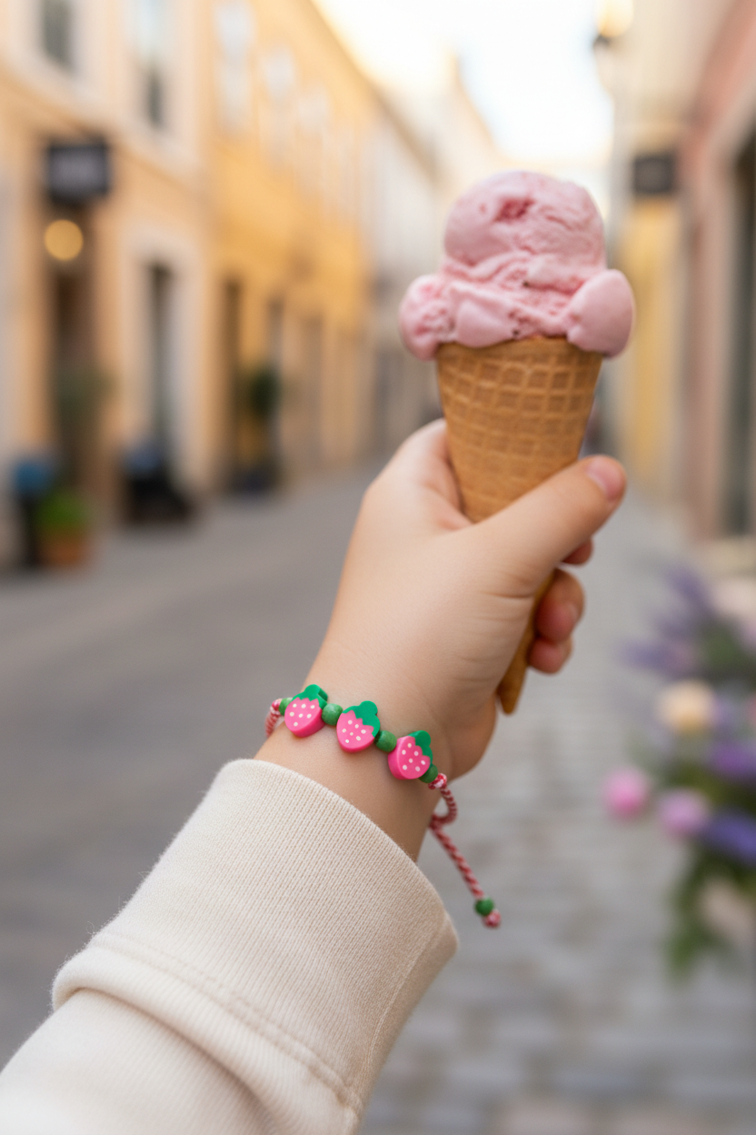 Παιδικό χειροποίητο μαρτάκι Strawberry Smile με κόκκινο-λευκό κορδόνι, γυάλινες χάντρες και τρεις χάντρες φράουλα από φίμο, So Cute by Dimi