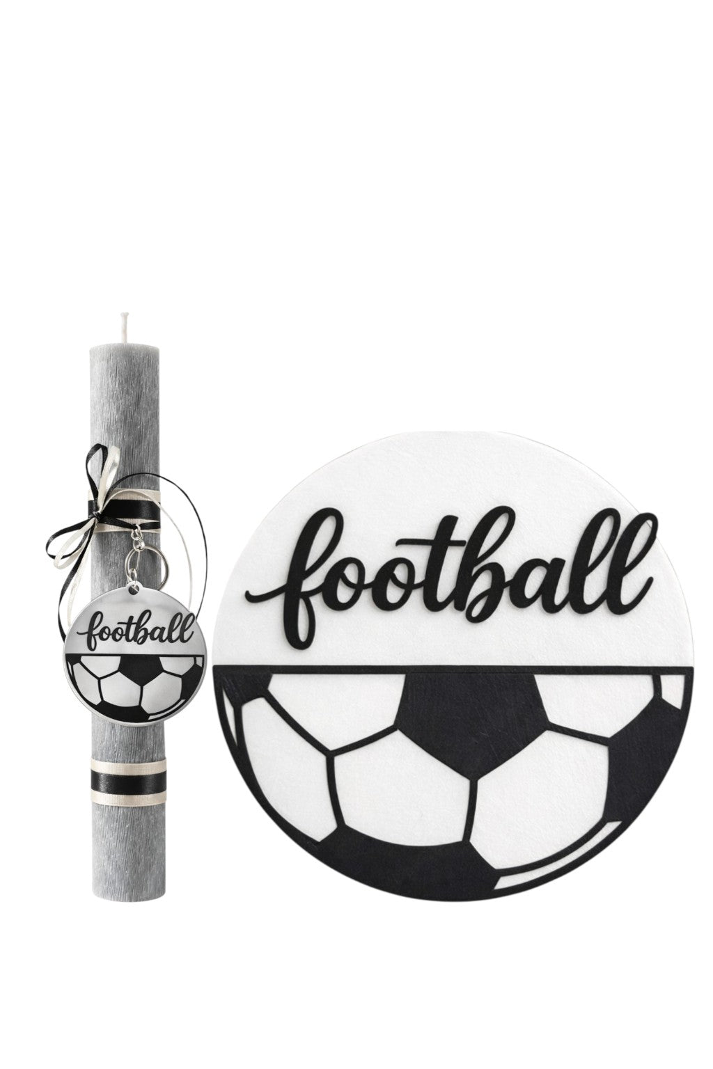 Decorative items with 'football' theme including a candle, ornament, and plate on a white background.