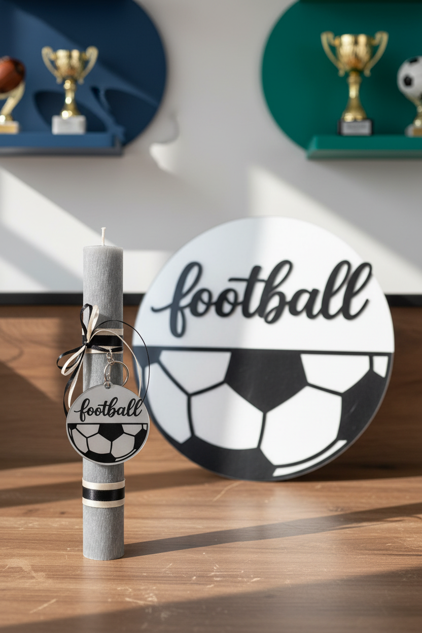 Χειροποίητη λαμπάδα football με μπρελόκ πλεξιγκλάς και προαιρετική στρογγυλή πλάτη 25 εκ