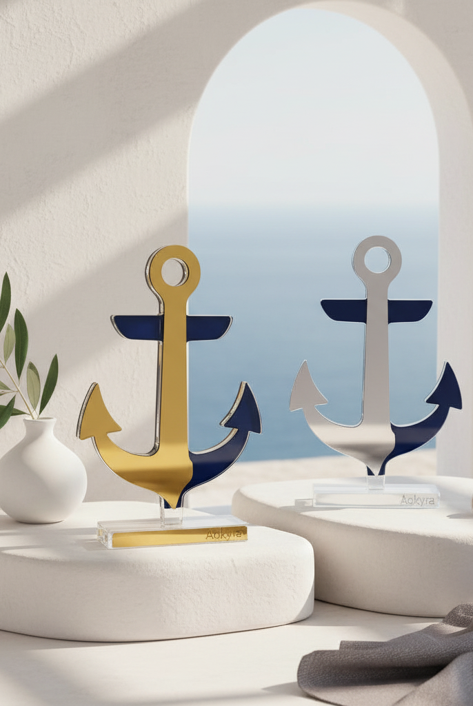 Decorative anchors on a white surface with a window view of blue water and sky.