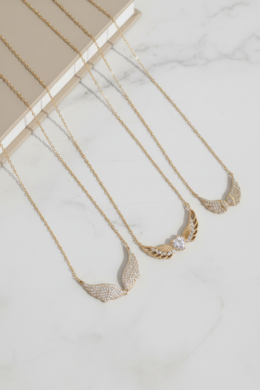 Gold necklaces with leaf-like pendants on a marble surface