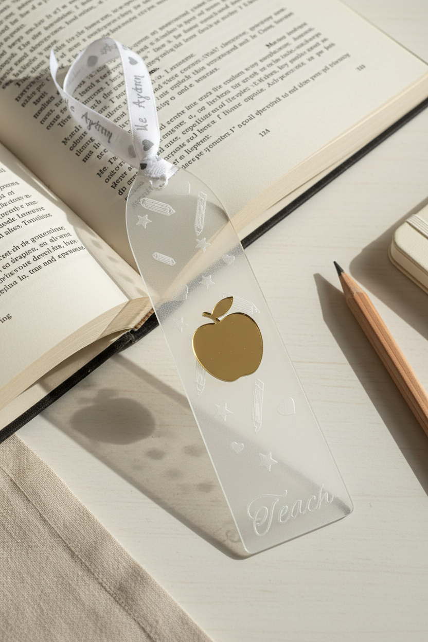 Clear bookmark with gold apple design on an open book
