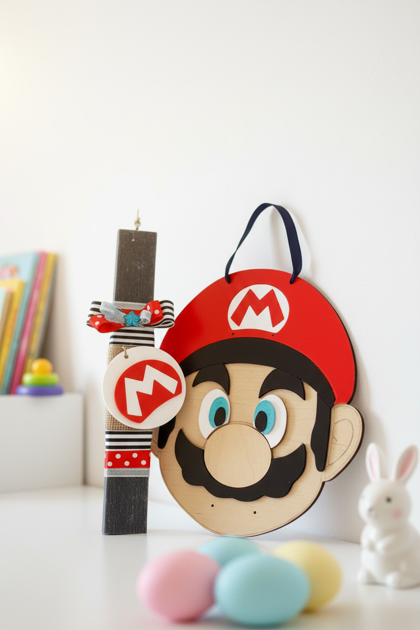 Χειροποίητη πασχαλινή λαμπάδα Super Mario με μπρελόκ από πλεξιγκλάς και κρεμαστό κάδρο από ξύλο και πλεξιγκλάς. So Cute by DImi