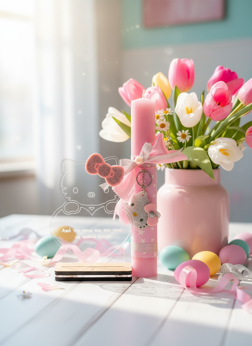 Λαμπάδα Hello Kitty με φιόγκο και προαιρετικό φωτιστικό LED με προσωποποίηση – So Cute by Dimi