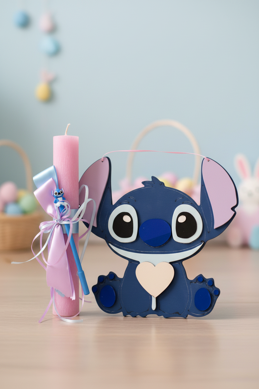 χειροποίητη πασχαλινή λαμπάδα Stitch 2026 με ξύλινο κάδρο και αρωματικό κερί, So Cute by Dimi