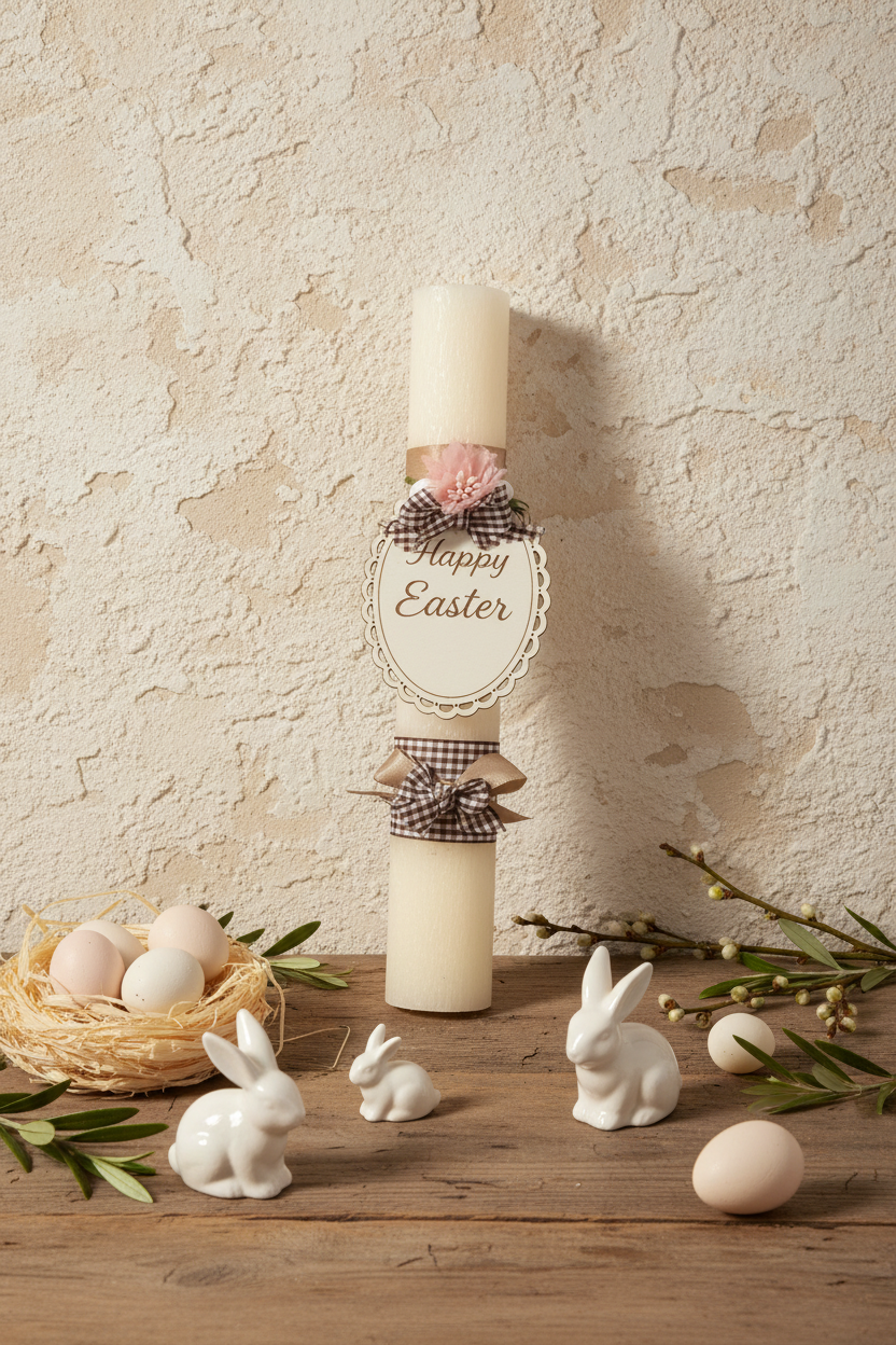 Χειροποίητη πασχαλινή λαμπάδα Happy Easter σε country chic σκηνικό με rustic τοίχο, ξύλινα props και πασχαλινά διακοσμητικά – So Cute by Dimi
