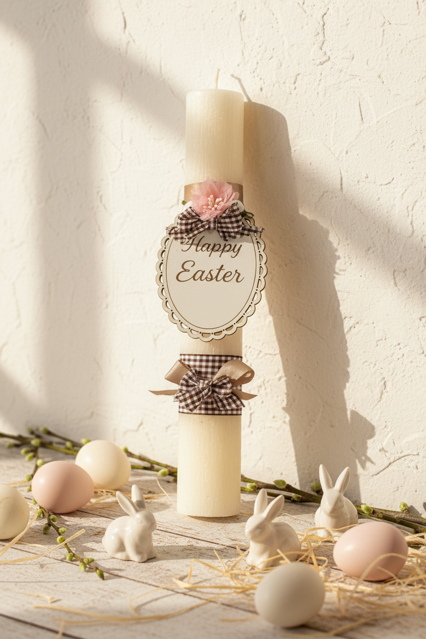 Χειροποίητη πασχαλινή λαμπάδα Happy Easter σε country chic σκηνικό με rustic τοίχο, ξύλινα props και πασχαλινά διακοσμητικά – So Cute by Dimi