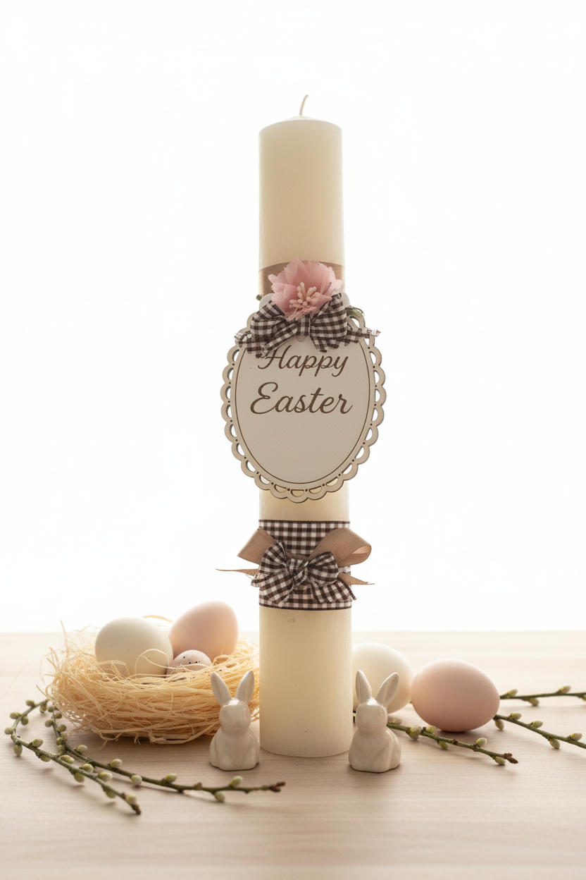 Χειροποίητη πασχαλινή λαμπάδα Happy Easter σε country chic σκηνικό με rustic τοίχο, ξύλινα props και πασχαλινά διακοσμητικά – So Cute by Dimi