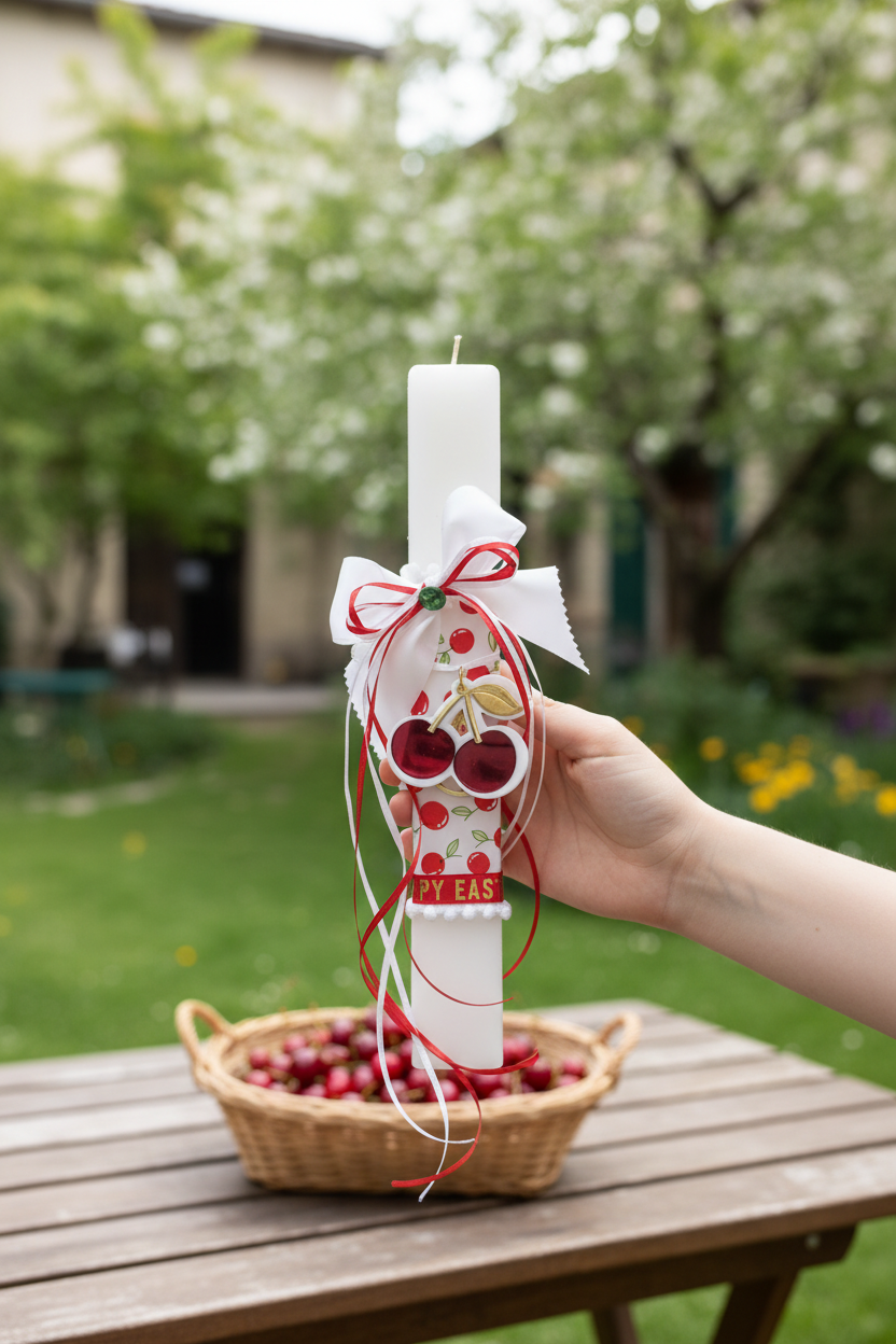 Χειροποίητη πασχαλινή λαμπάδα με cherry print σατέν ύφασμα, σατέν φιόγκους, πράσινο κρύσταλλο και μπρελόκ κεράσι από πλεξιγκλάς. So Cute by Dimi