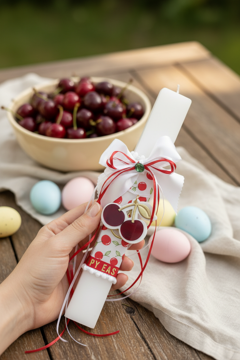 Χειροποίητη πασχαλινή λαμπάδα με cherry print σατέν ύφασμα, σατέν φιόγκους, πράσινο κρύσταλλο και μπρελόκ κεράσι από πλεξιγκλάς. So Cute by Dimi