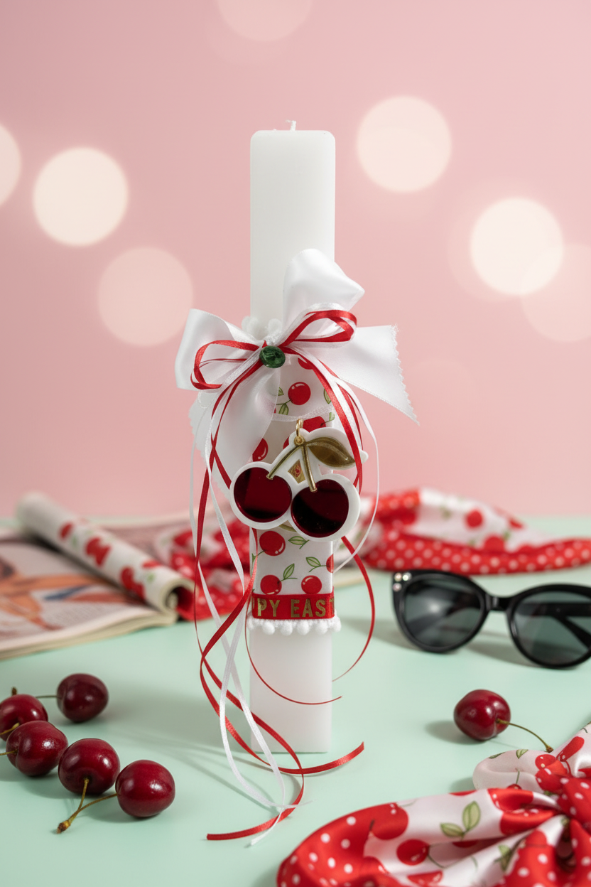 Χειροποίητη πασχαλινή λαμπάδα με cherry print σατέν ύφασμα, σατέν φιόγκους, πράσινο κρύσταλλο και μπρελόκ κεράσι από πλεξιγκλάς. So Cute by Dimi
