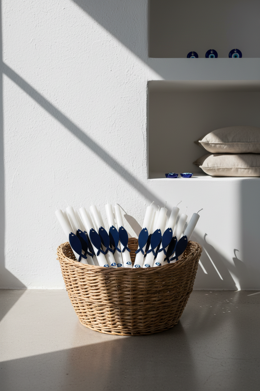 Πασχαλινή λαμπάδα Blue Cycladic με navy πλεξιγκλάς ψαράκι και κορδέλα με print μάτια 4-506-0626 So Cute by Dimi.