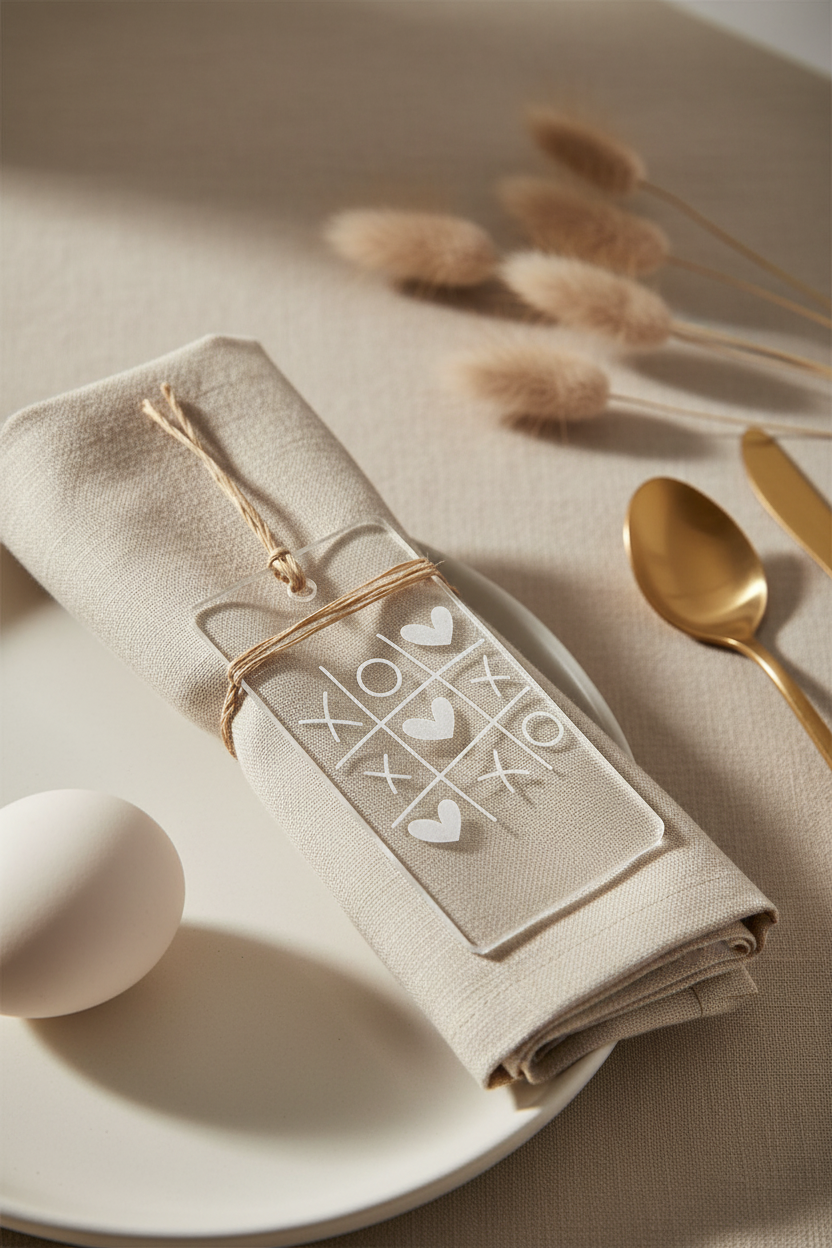 Decorative napkin with a heart pattern on a beige table setting with a spoon and egg.
