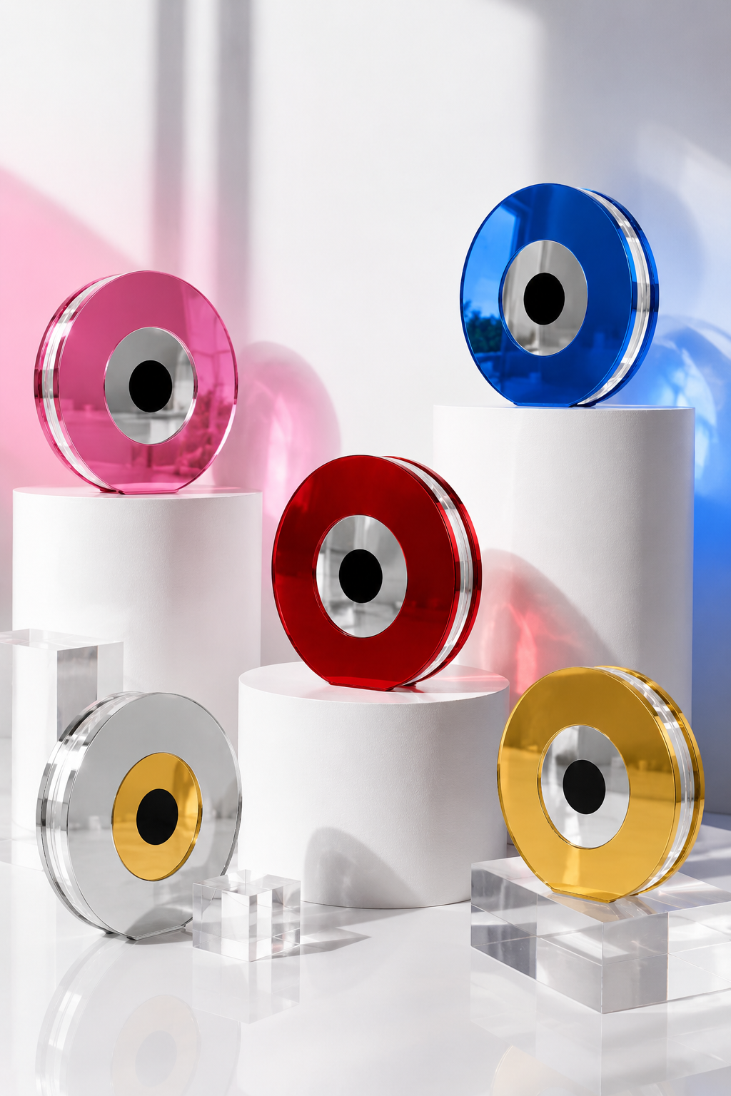 Διακοσμητικό επιτραπέζιο μάτι από plexiglass καθρέφτη, μοντέρνο design σύμβολο προστασίας για σπίτι και γραφείο, διάφορα χρώματα σε λευκό φόντο