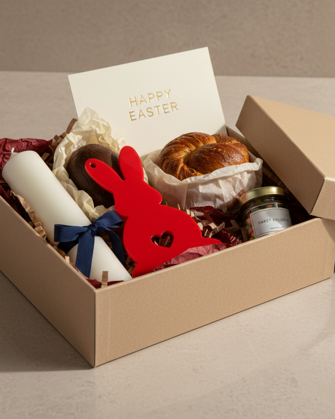Easter gift box with bunny, candle, and bread on a neutral background