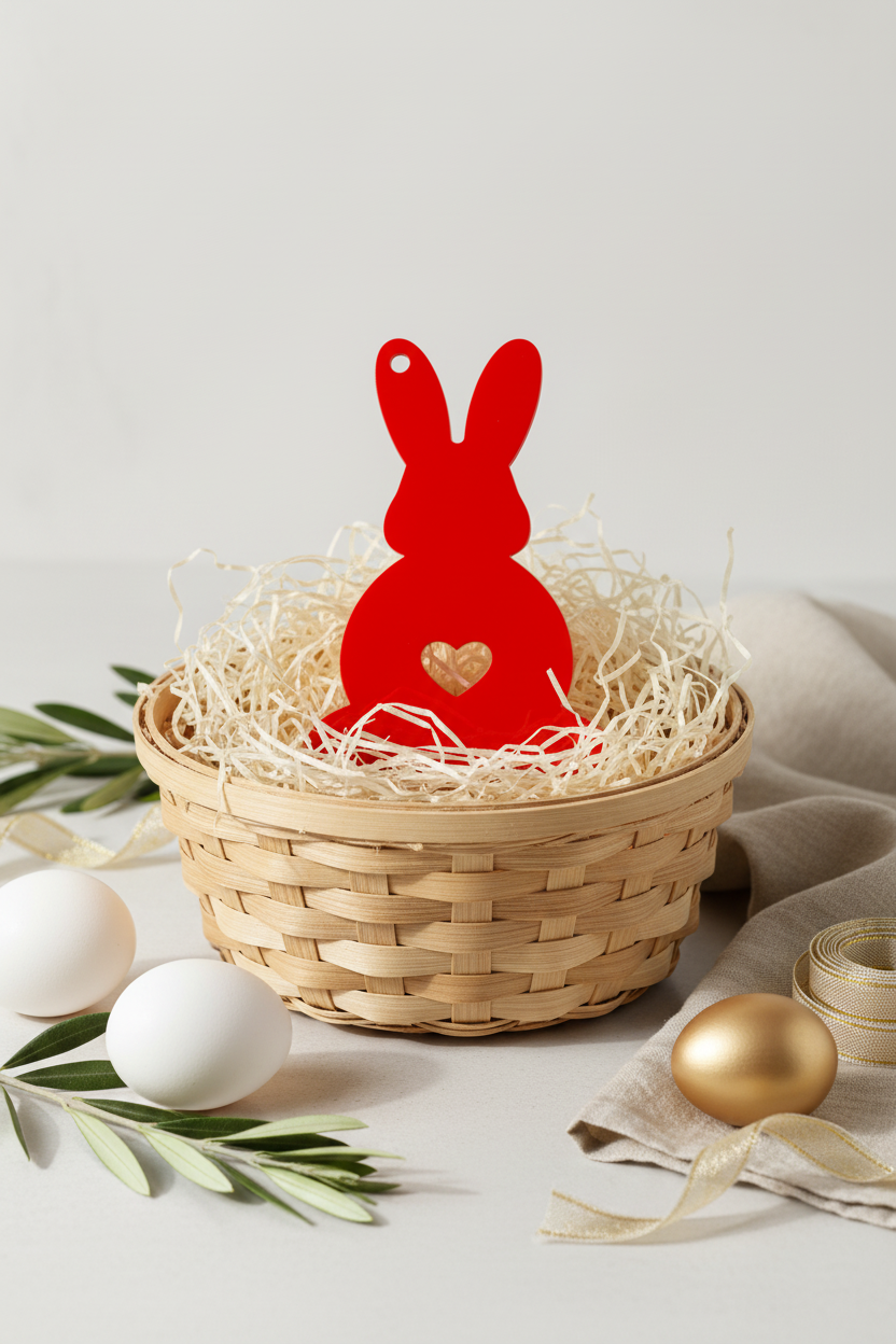 Red bunny-shaped Easter decoration in a woven basket with eggs and leaves on a light background