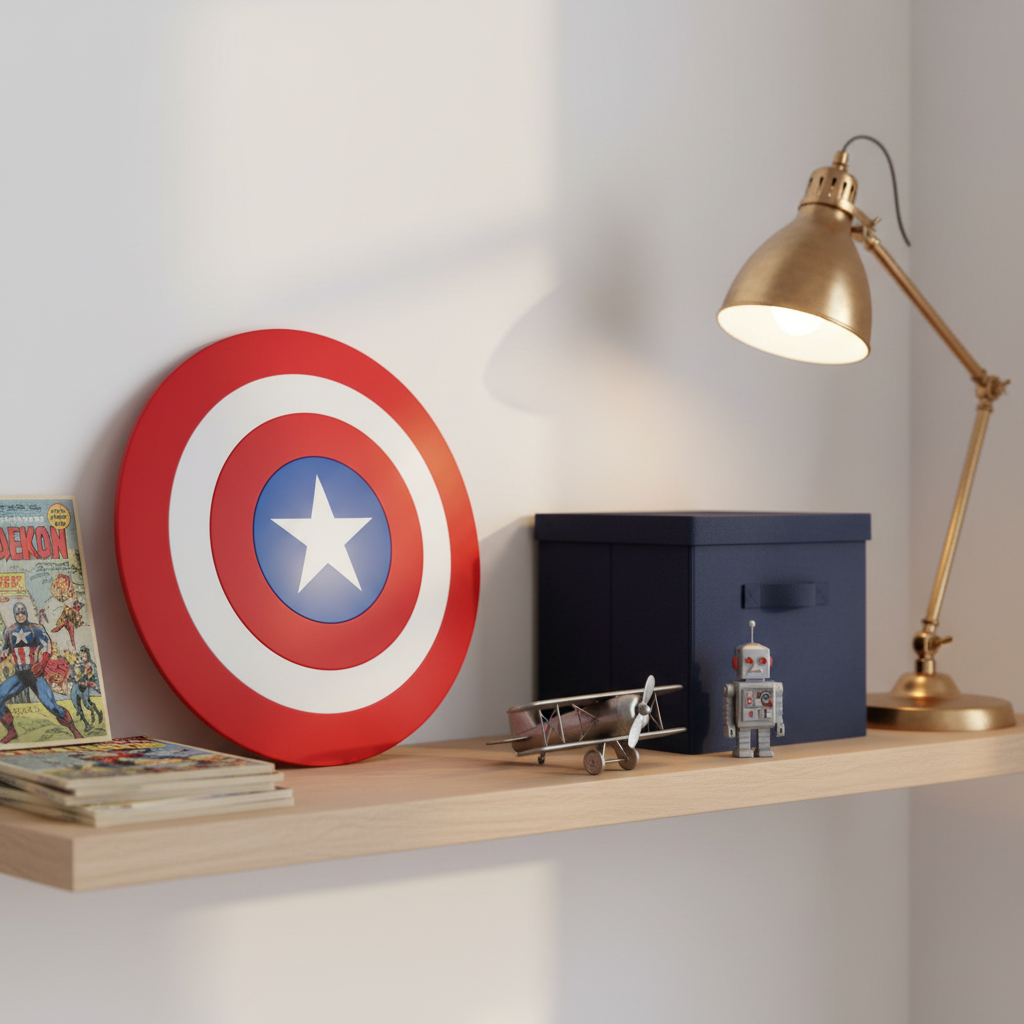 Κρεμαστό καδράκι Captain America Shield από κόκκινο-μπλε πλεξιγκλάς, διάμετρος 25 εκ., σαν διακοσμητικό τοίχου.