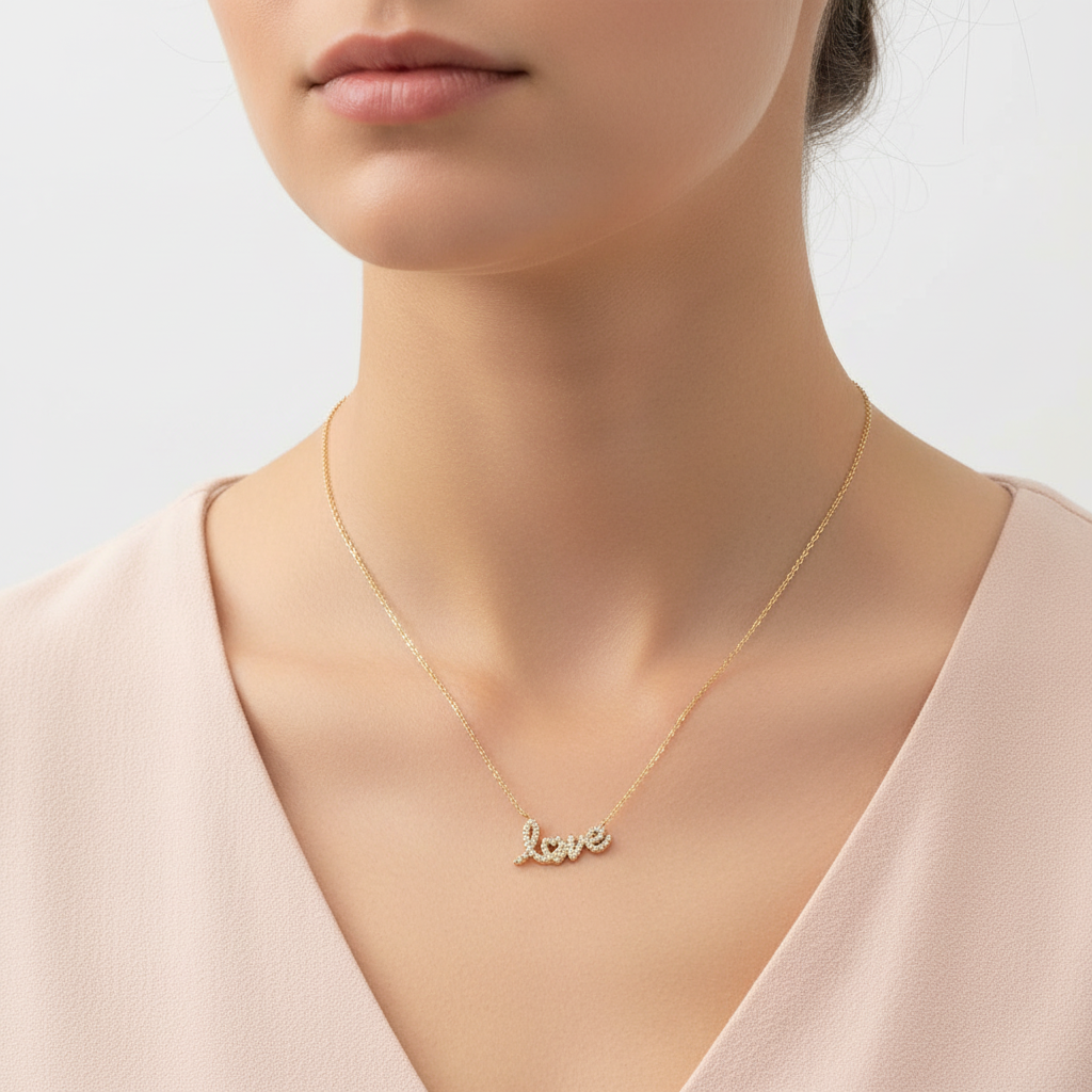 Love script necklace από ανοξείδωτο ατσάλι με κρυσταλλάκια σε χρυσό So Cute by DImi