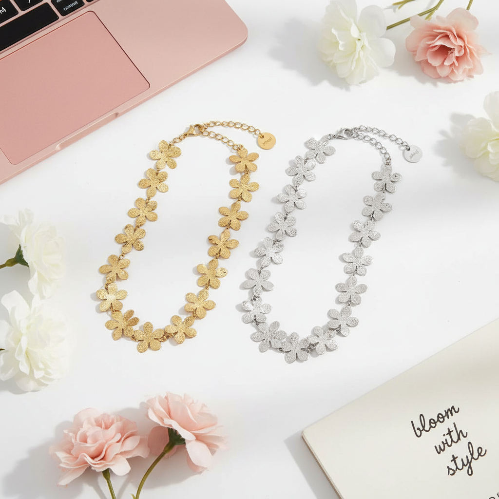 Floral chain choker από ανοξείδωτο ατσάλι με λουλούδια