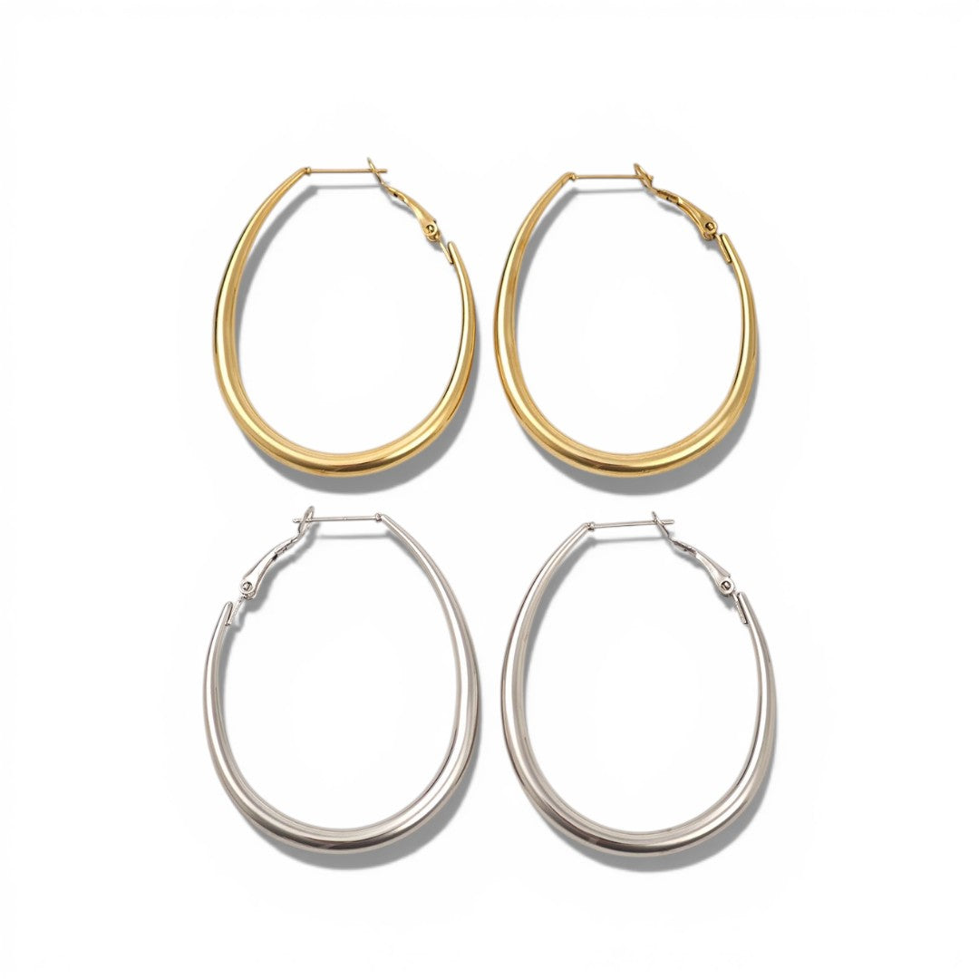 Sleek Oval Hoops 6 cm λεπτά elongated oval σκουλαρίκια κρίκοι από ανοξείδωτο ατσάλι σε χρυσό και ασημί