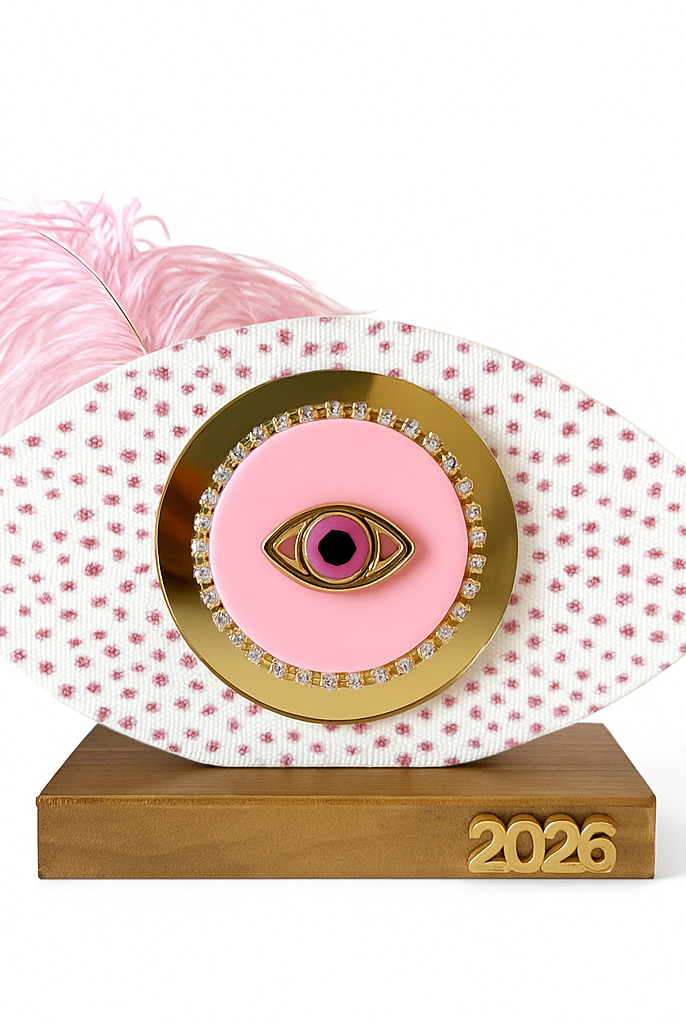Handmade pink oval wooden gouri Merry & Pink with tulle, glitter dots, gold mirror 2026 motif and feather – So Cute by Dimi