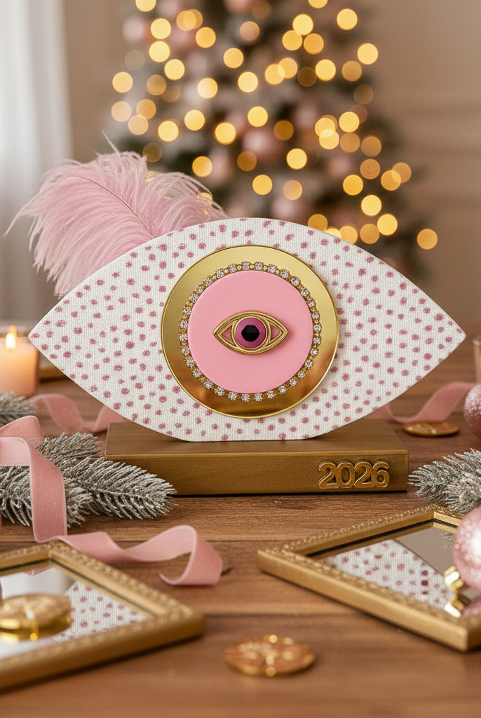 Handmade pink oval wooden gouri Merry & Pink with tulle, glitter dots, gold mirror 2026 motif and feather – So Cute by Dimi